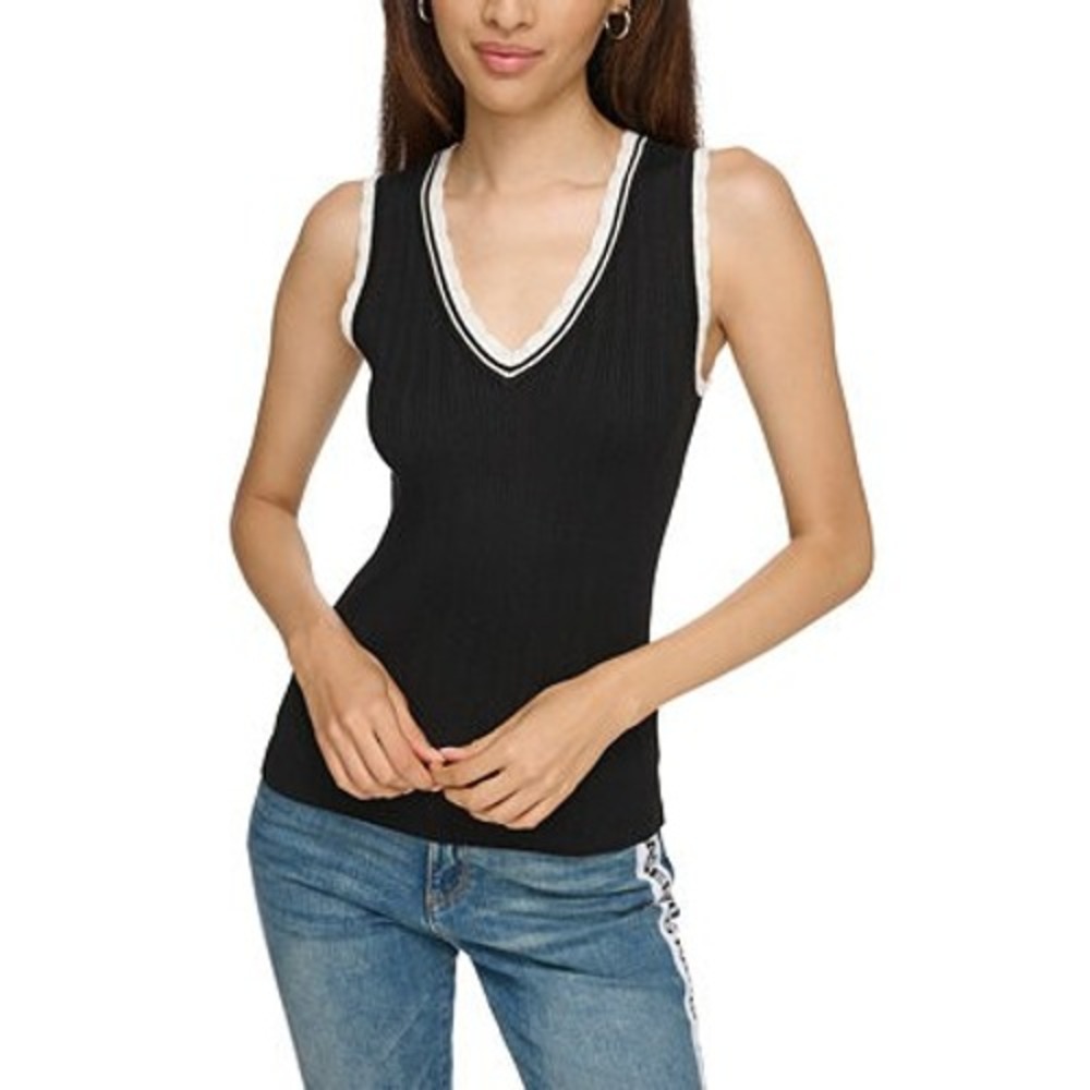 Karl Lagerfeld Paris Ribbed Knit Top‎ Women XS Black White Lace Trim L3TSS727